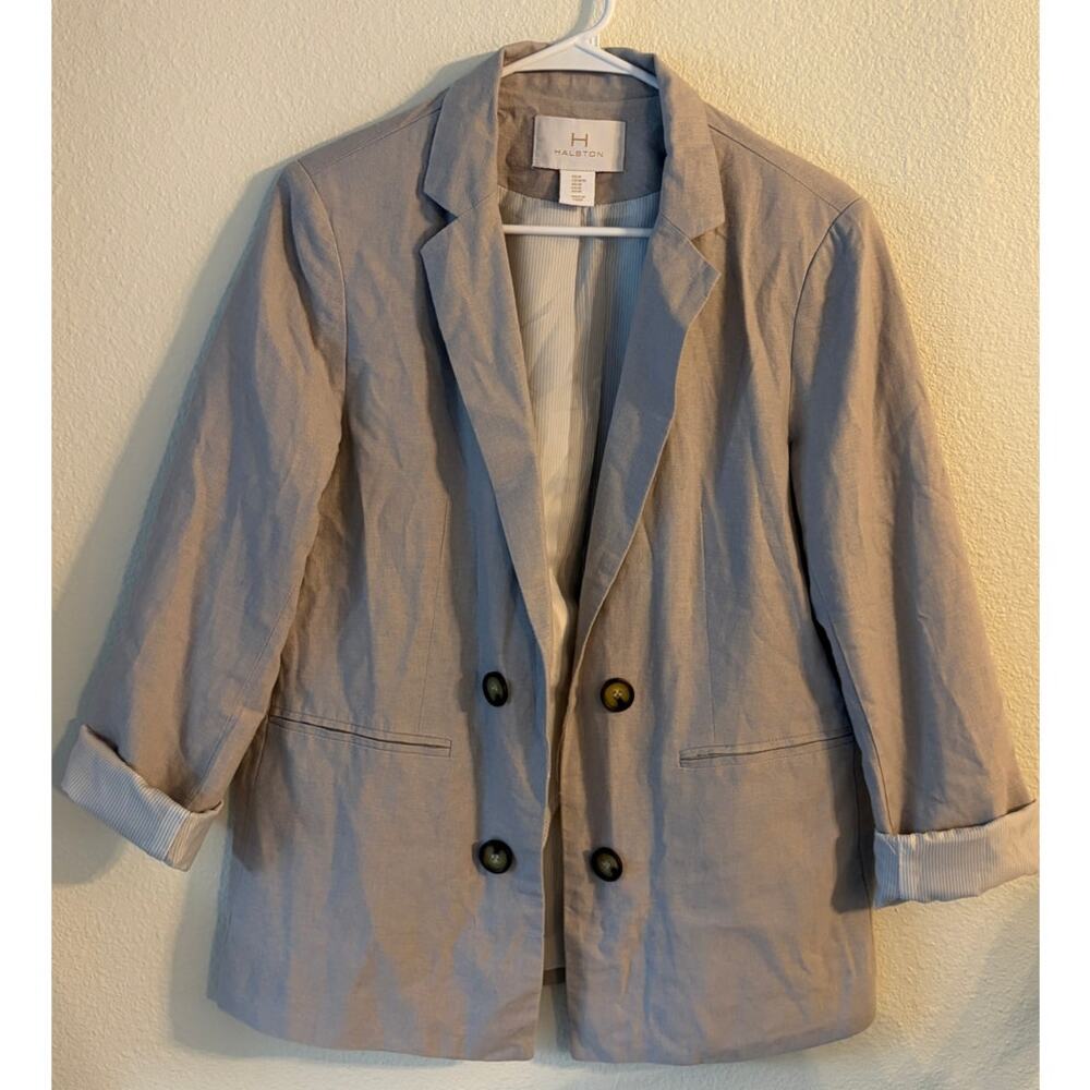 Halston Women’s Linen Blend Double Breasted Blazer Gray Size M Career Coastal